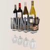 Wall Mounted Metal Wine Rack with 4 Long Stem Glass Holders and Wine Cork Storage